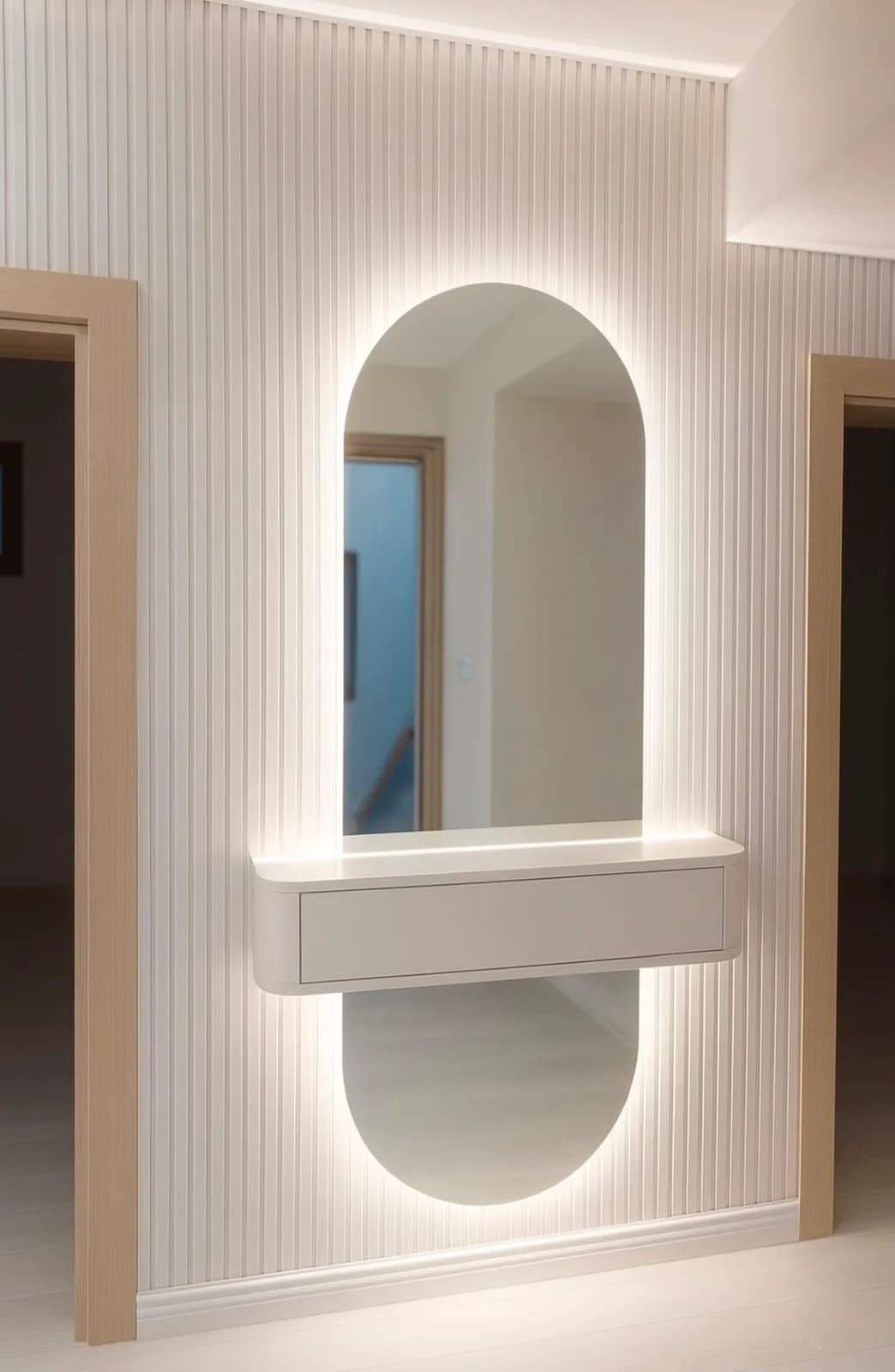 Krem çıta panelde oval LED ayna ve beyaz askıda dresuar